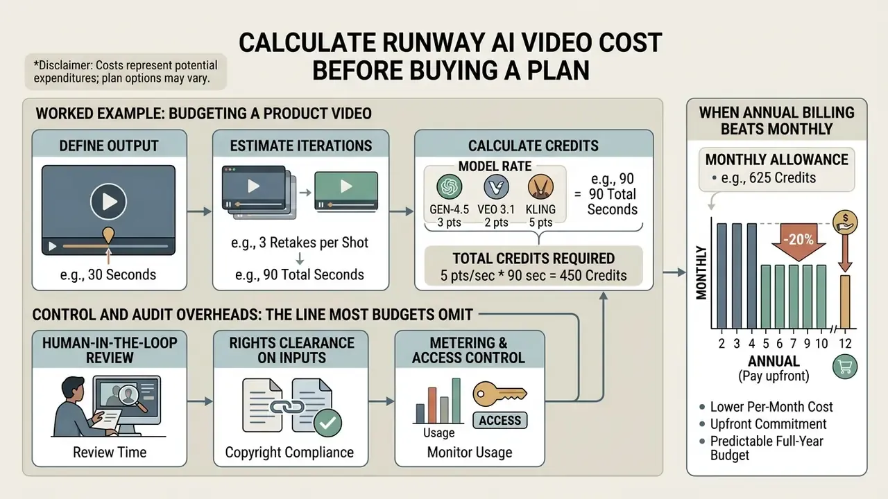 Step-by-step guide for estimating Runway AI video generation costs including overheads and billing cycles