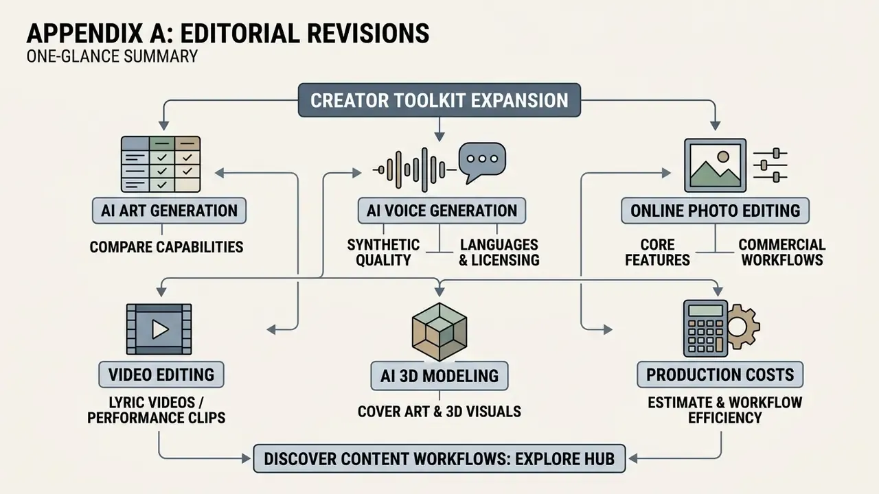 Map of digital media tools connecting AI art, voice, photo editing, video, and 3D modeling workflows