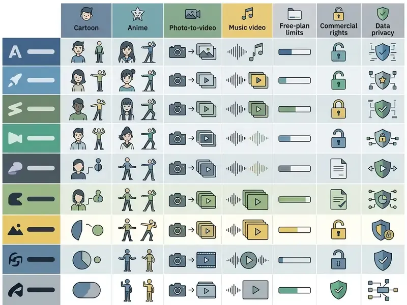 Comparison table evaluating various AI animation software across key features and performance metrics