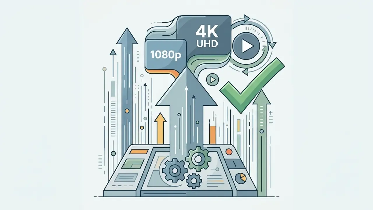 Gears and an upward arrow processing video files into 1080p and 4K UHD resolutions with a checkmark