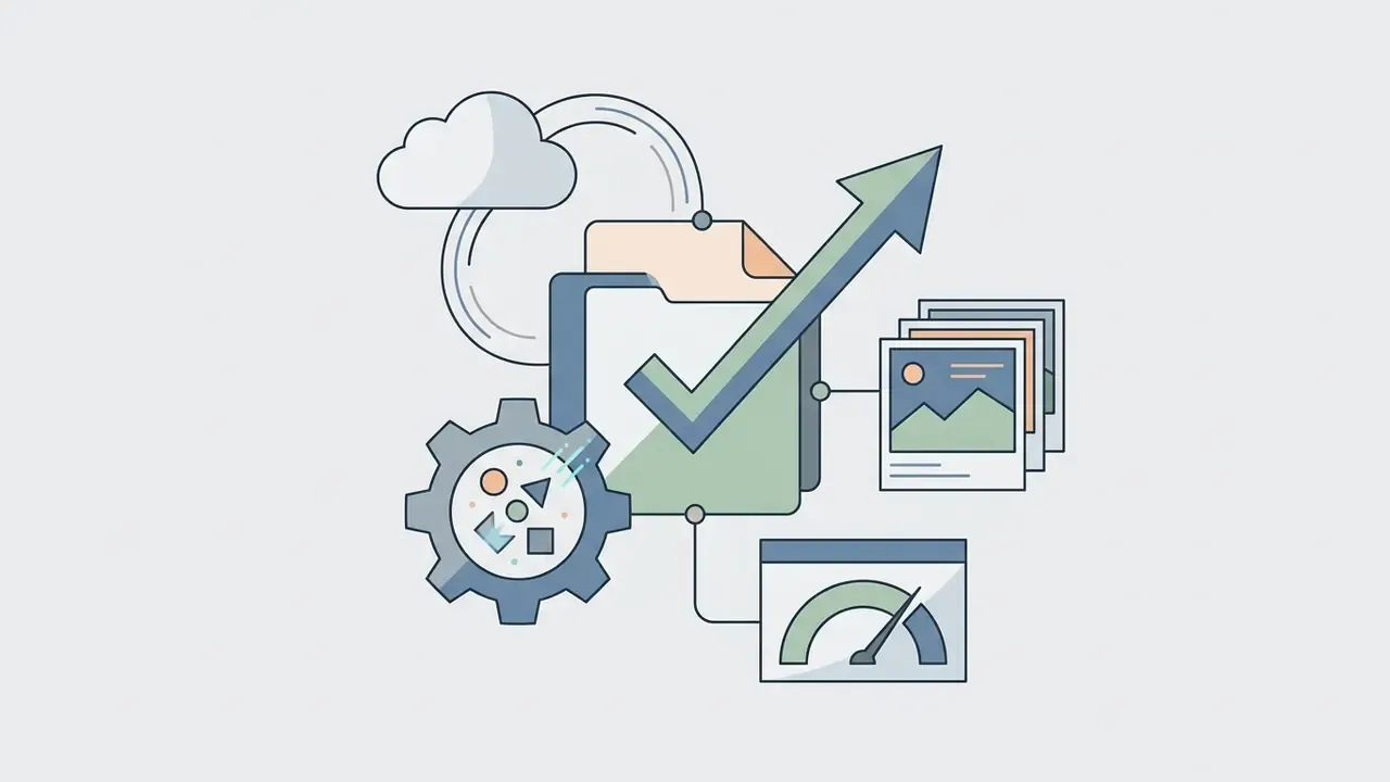 Gear and cloud icons connecting to a checklist with an upward arrow and photo stack