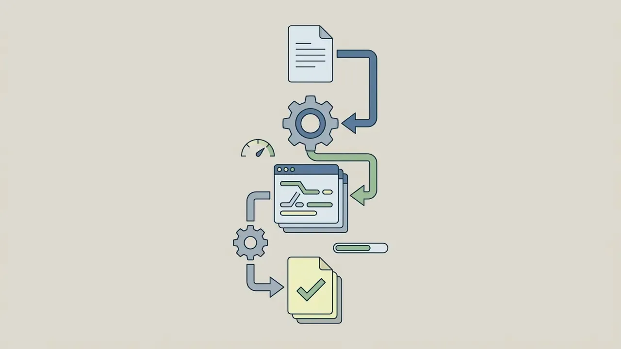 Document processing sequence with gears and progress indicators showing automated text generation