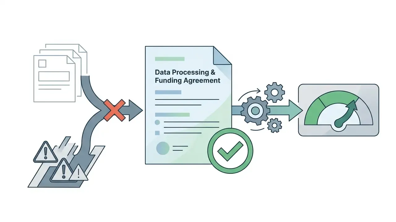 Documents and warning icons flowing into a signed agreement with a checkmark and a performance gauge