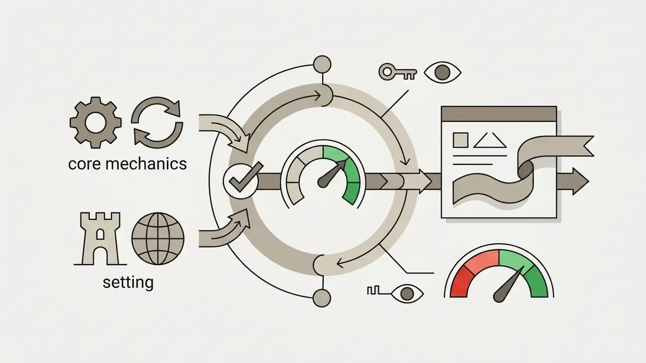 Icons for mechanics and setting feeding into a circular processing hub with gauges and output documents