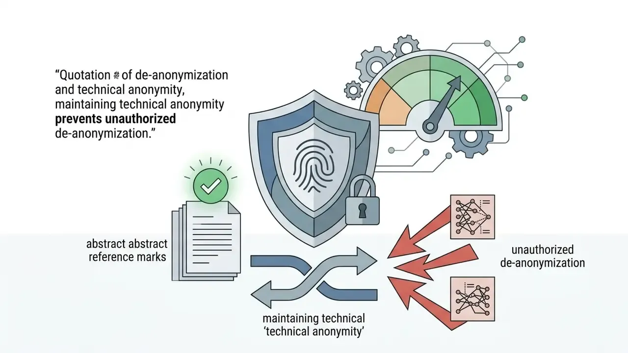 Shield with a fingerprint icon, a gauge, and documents being processed to prevent unauthorized de-anonymization