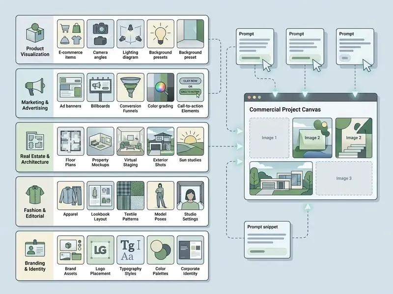 Categorized library of visual assets and prompts feeding into a central commercial project canvas interface
