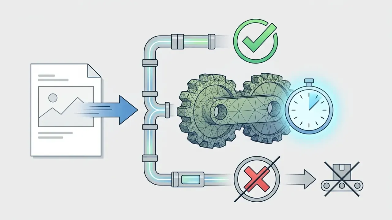 Single image input flowing through a pipe to generate a 3D mesh model with a timer and production warning
