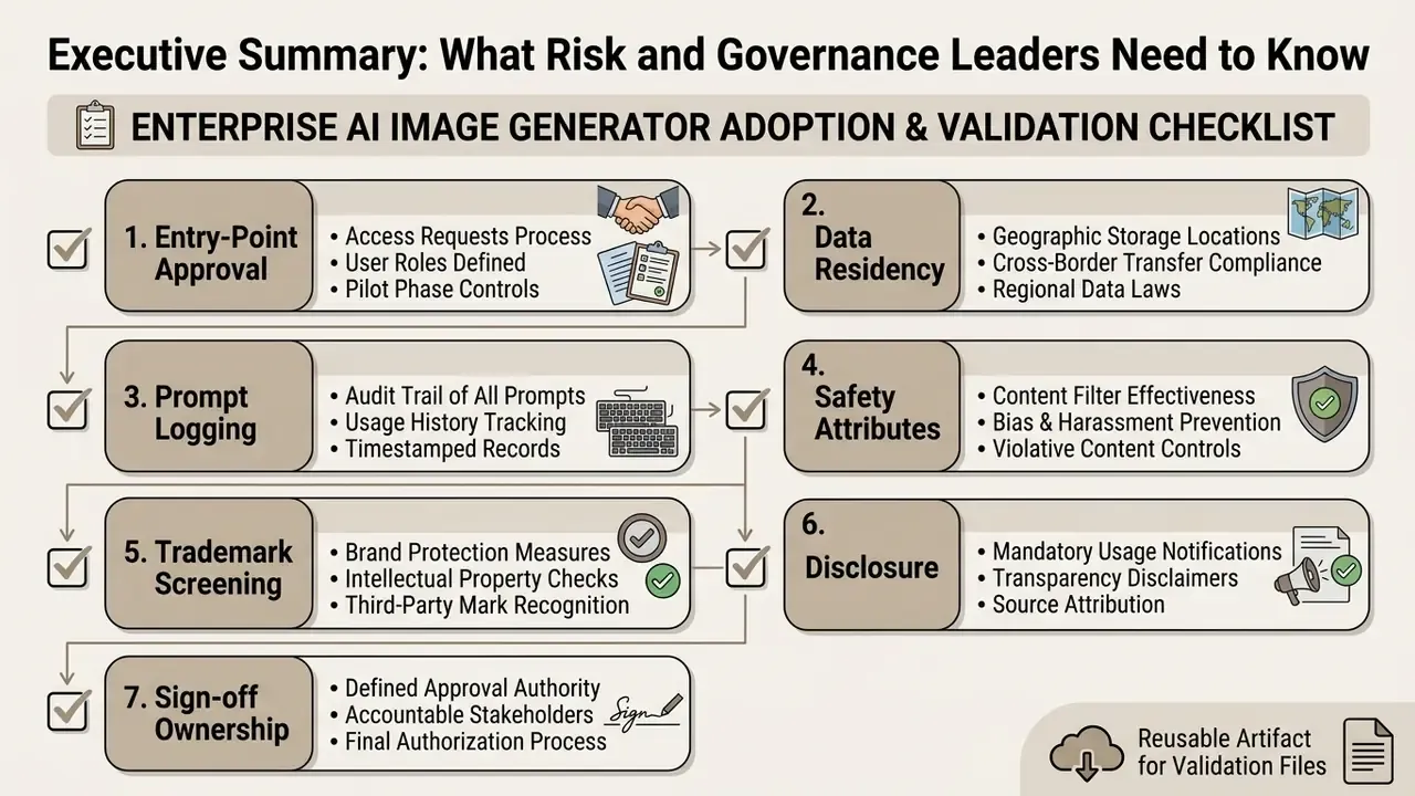 Seven-step flow chart outlining a control matrix for enterprise AI image generator adoption and validation