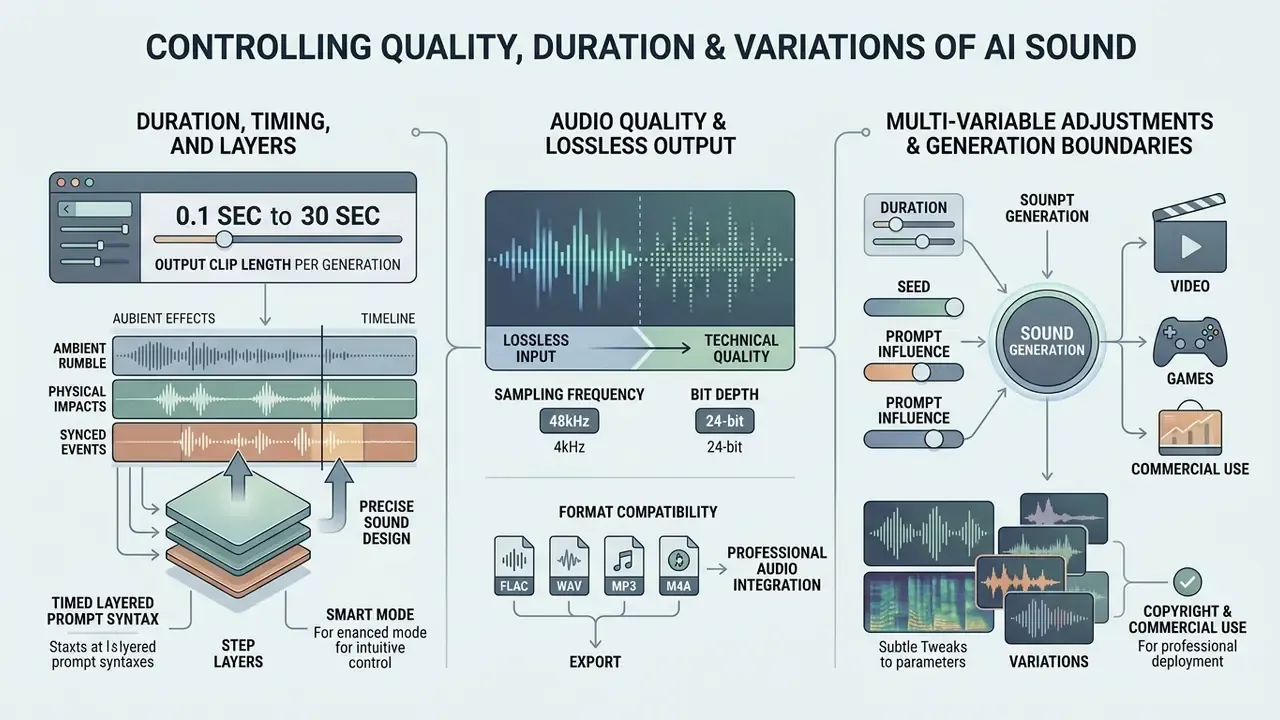 Infographic detailing technical parameters for audio timing, quality settings, and output variations