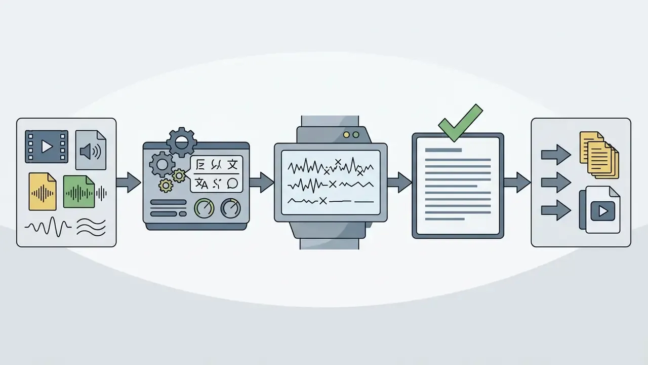 Sequence of media file processing, transcription, and review steps for an AI subtitle generator