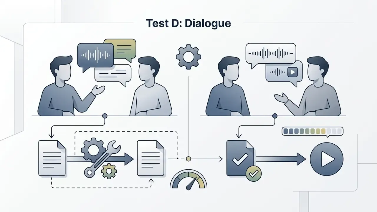 Stylized characters in conversation linked to document processing, audio waveforms, and playback icons