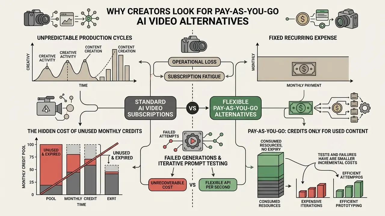 Flowchart contrasting fixed monthly AI video subscriptions with flexible pay-as-you-go billing models