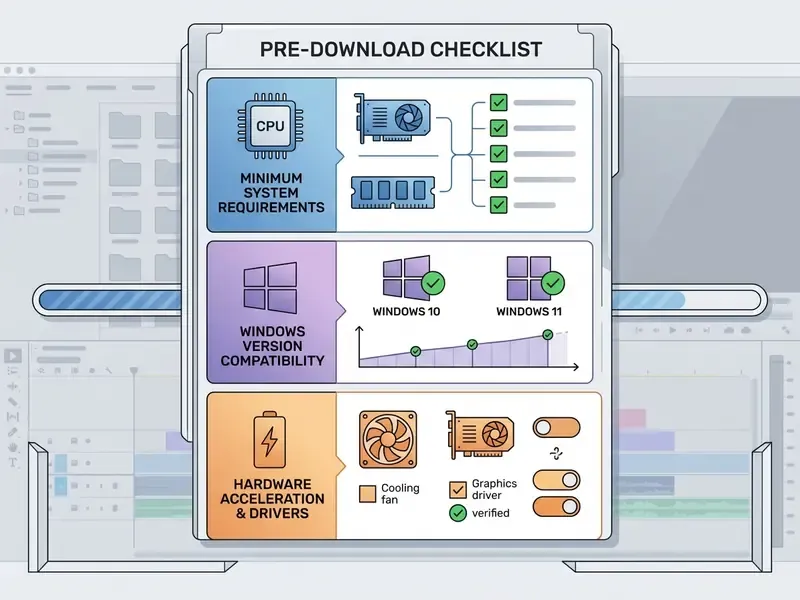 Checklist showing hardware requirements, OS compatibility, and driver settings for software installation