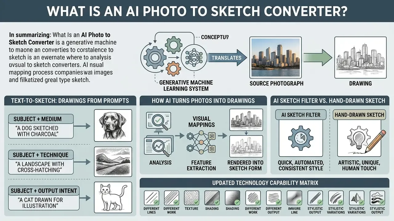 Infographic explaining how AI models map visual features from photos to generate sketch style drawings