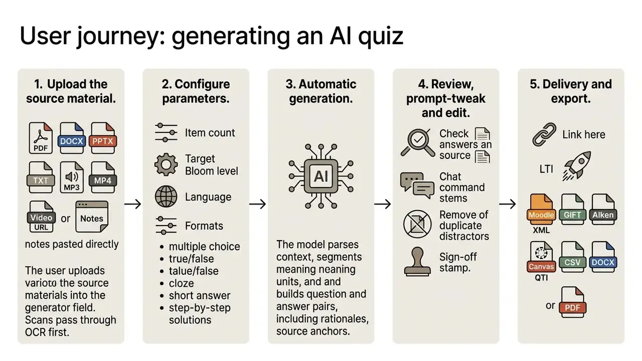 Five step process flow diagram outlining the workflow for using an AI quiz generator