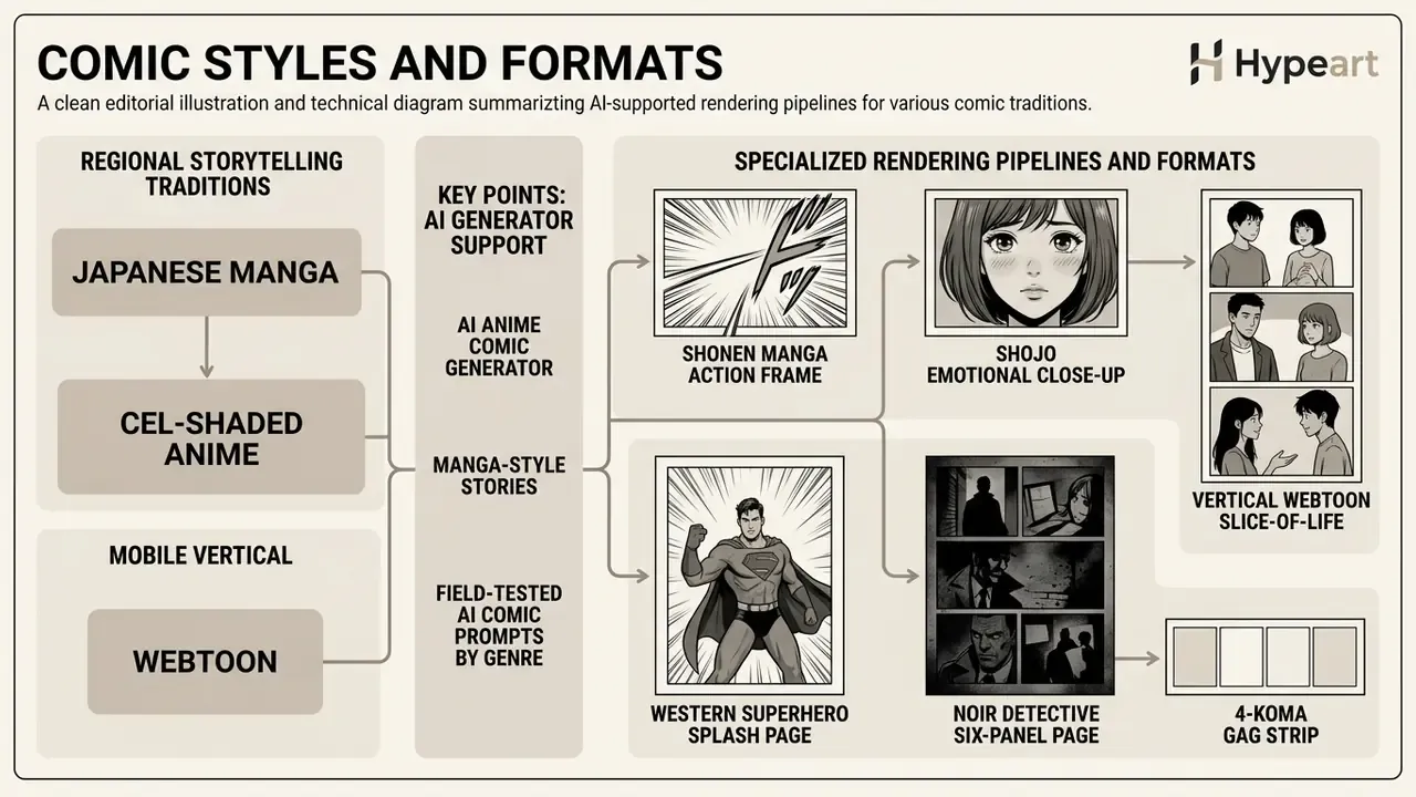 Diagram mapping regional comic traditions to specific AI rendering pipelines and visual storytelling formats