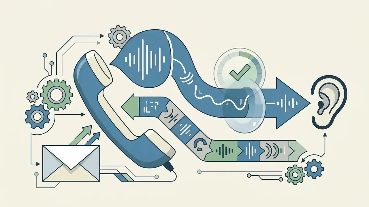 Telephone handset and email icon connecting to sound waves that travel toward a human ear symbol