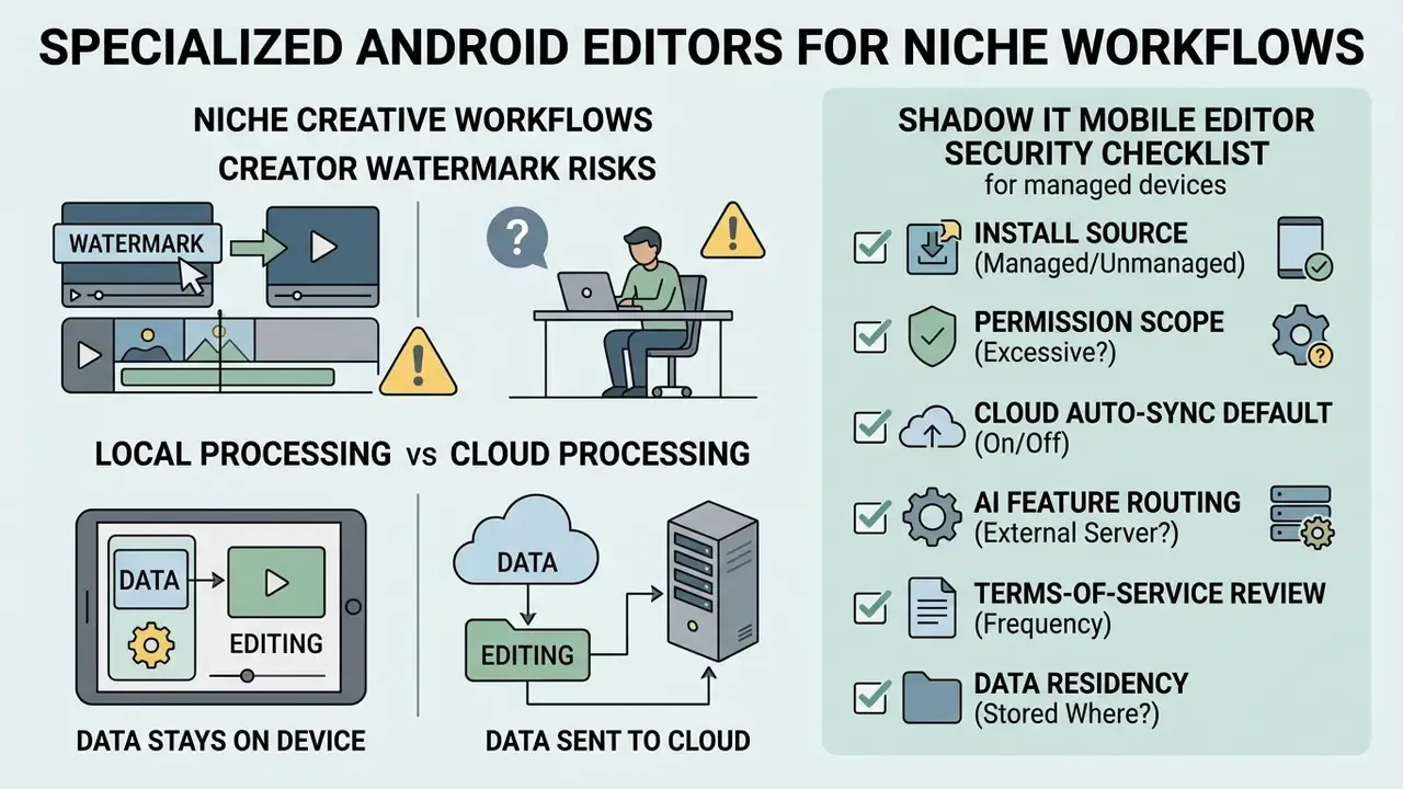 Infographic detailing security risks of mobile video editors including processing types and a checklist