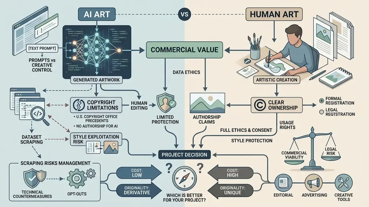 Infographic comparing the commercial value, copyright, and ownership implications of AI art versus human art