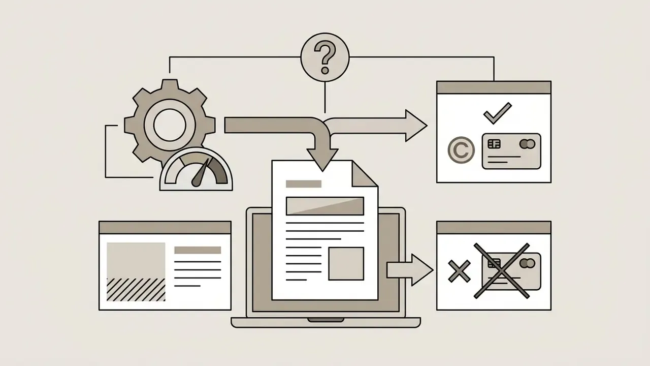 Gear and gauge icons processing data into documents with credit card and copyright symbols for comparison