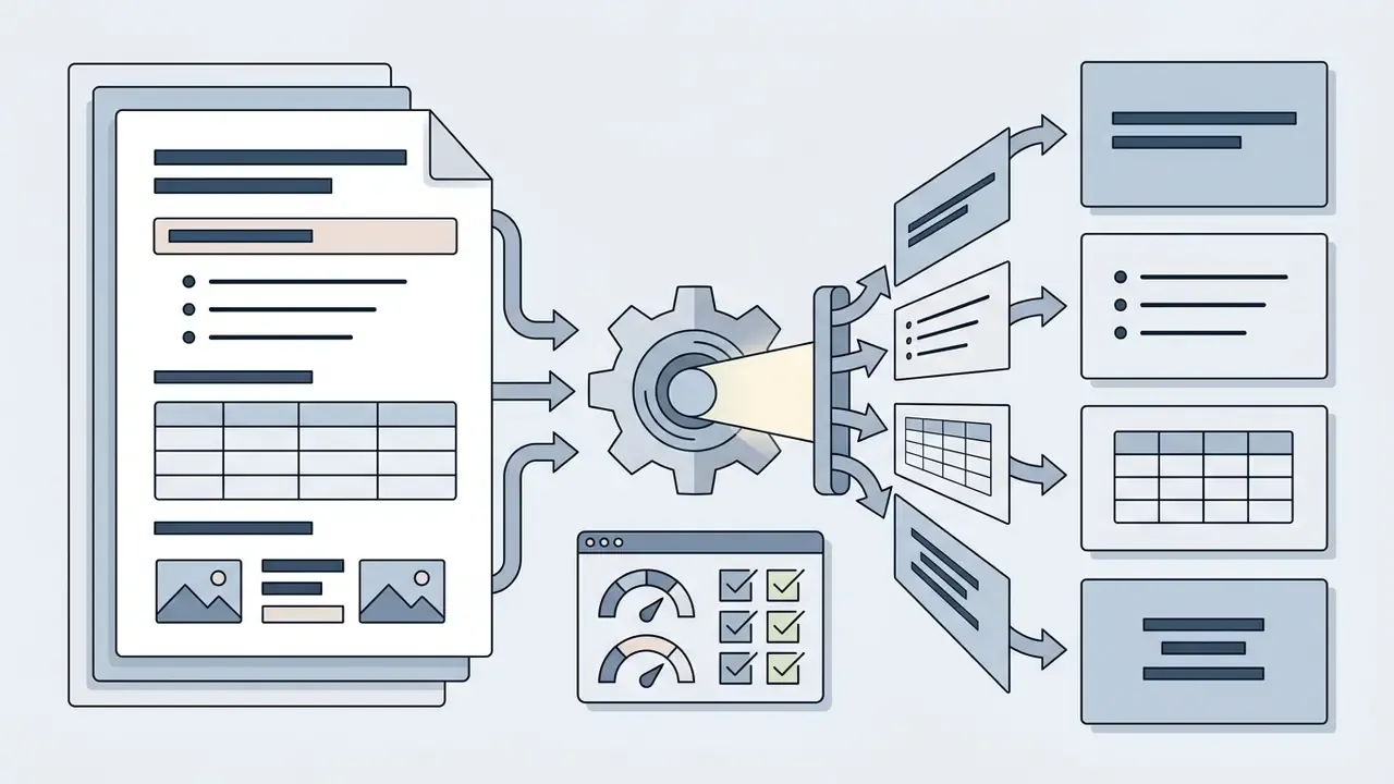 Document pages feeding into a central gear mechanism that parses content into individual scene segments