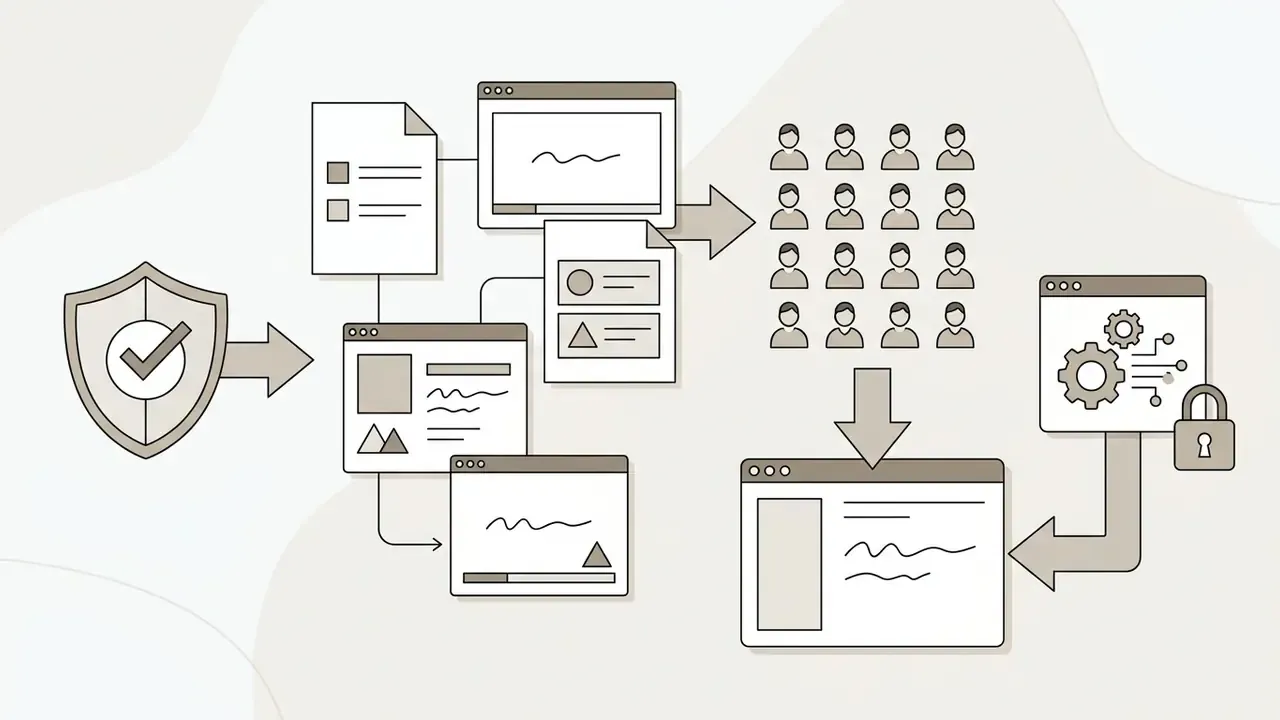Shield icon connecting to digital document workflows that generate standardized employee avatar sets