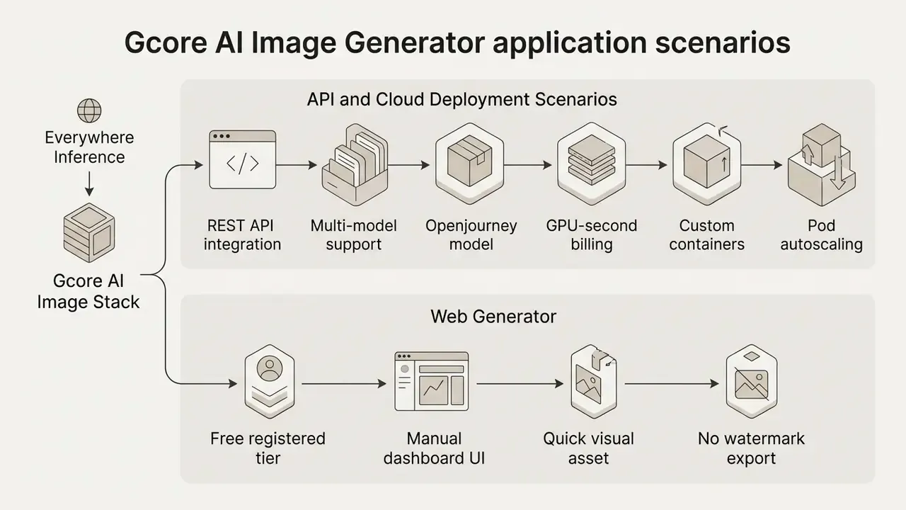 Visual paths for REST API integration and web generator workflows featuring model support and cloud scaling