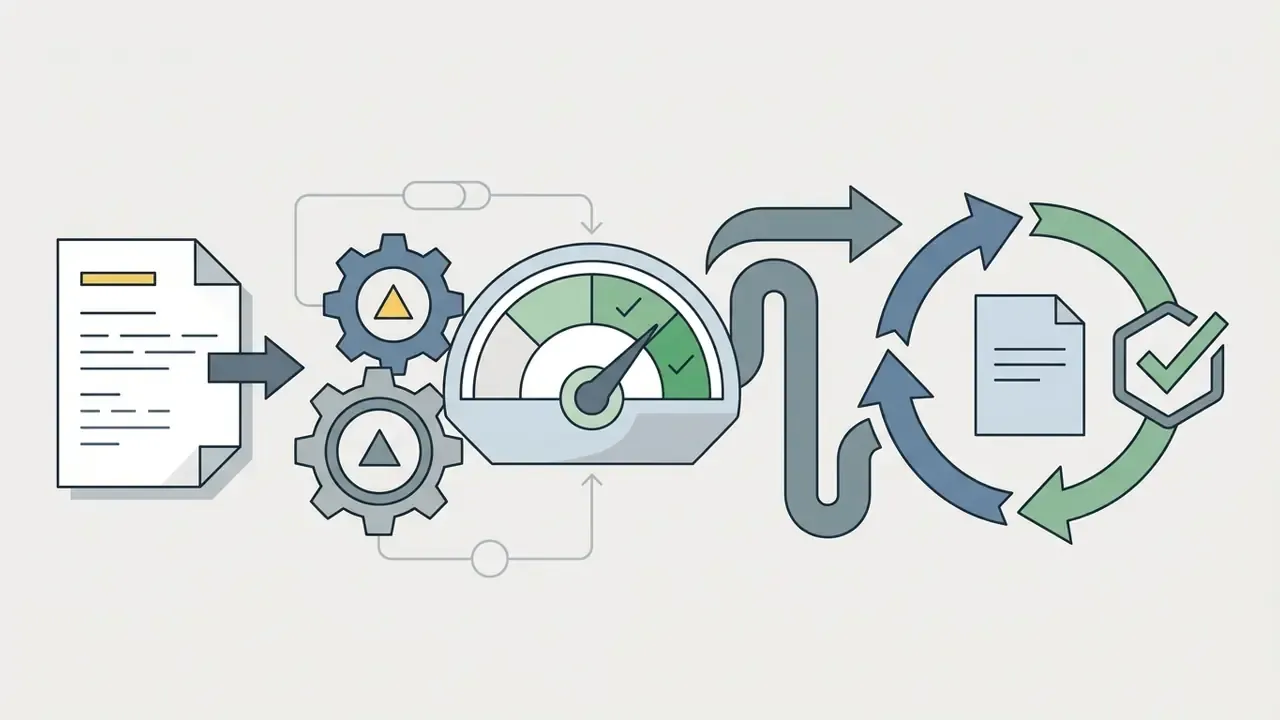 Document feeding into gears and a speed gauge that cycles through a validation process with checkmarks