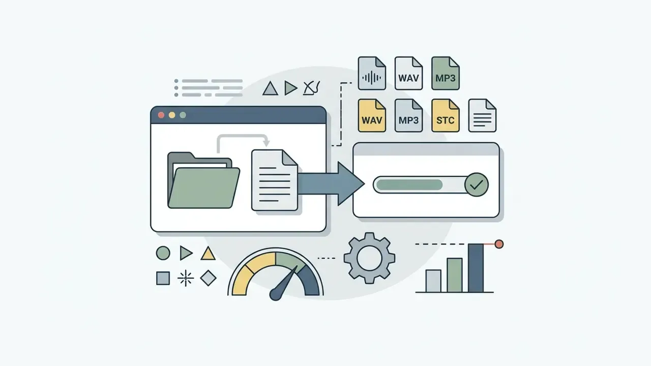 Icons representing file selection, various audio format uploads, and a progress bar for data processing