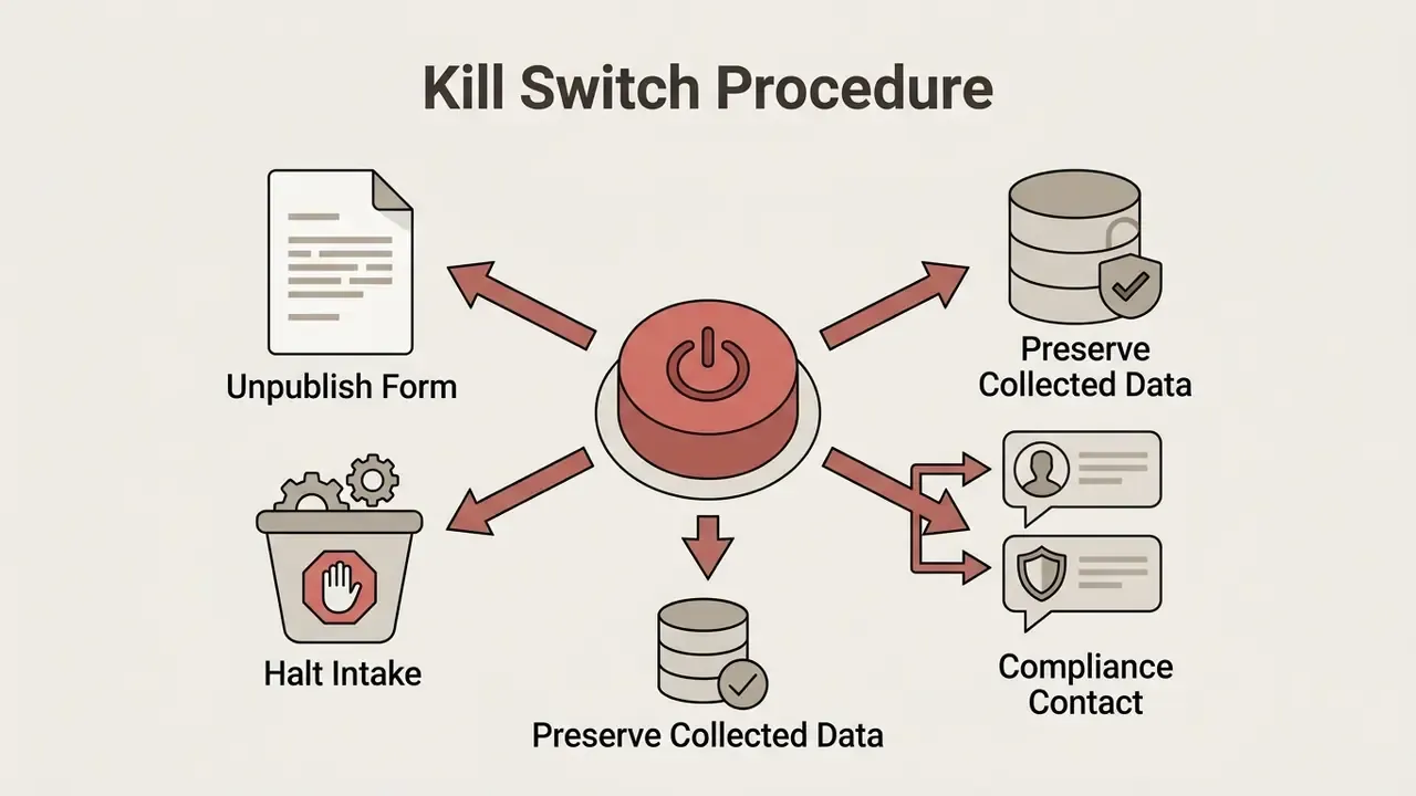 Central power button icon with arrows pointing to actions for unpublishing forms and notifying contacts