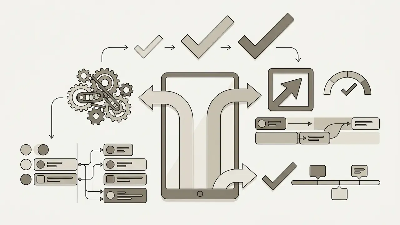 Gears and data flow icons connecting to a central device with branching paths and progress markers