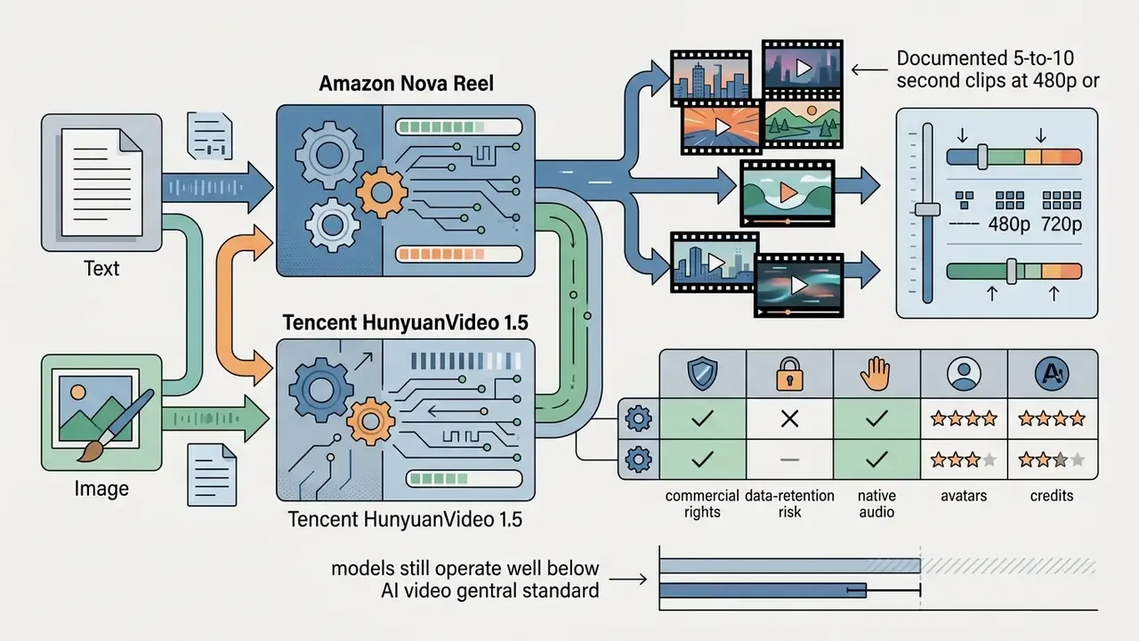 System flow showing text and image inputs processed by AI models into video clips and feature comparison table