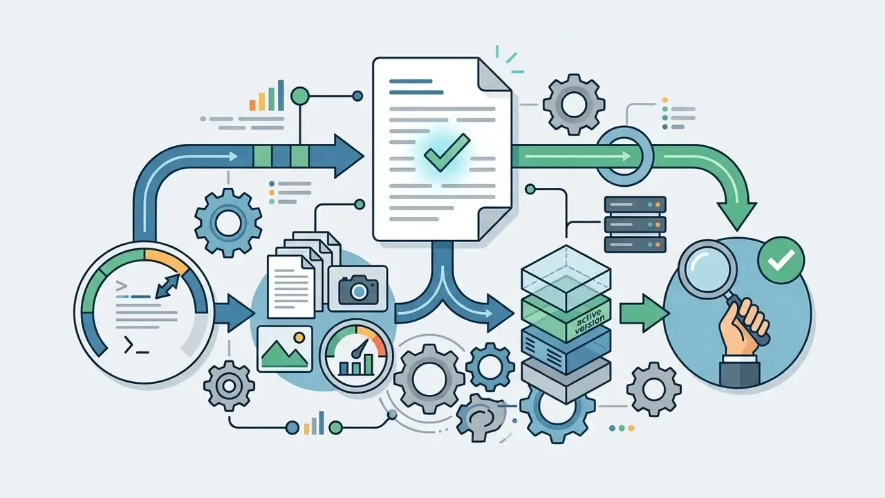Data inputs and documents flowing through gears and processors toward a verified audit report and review