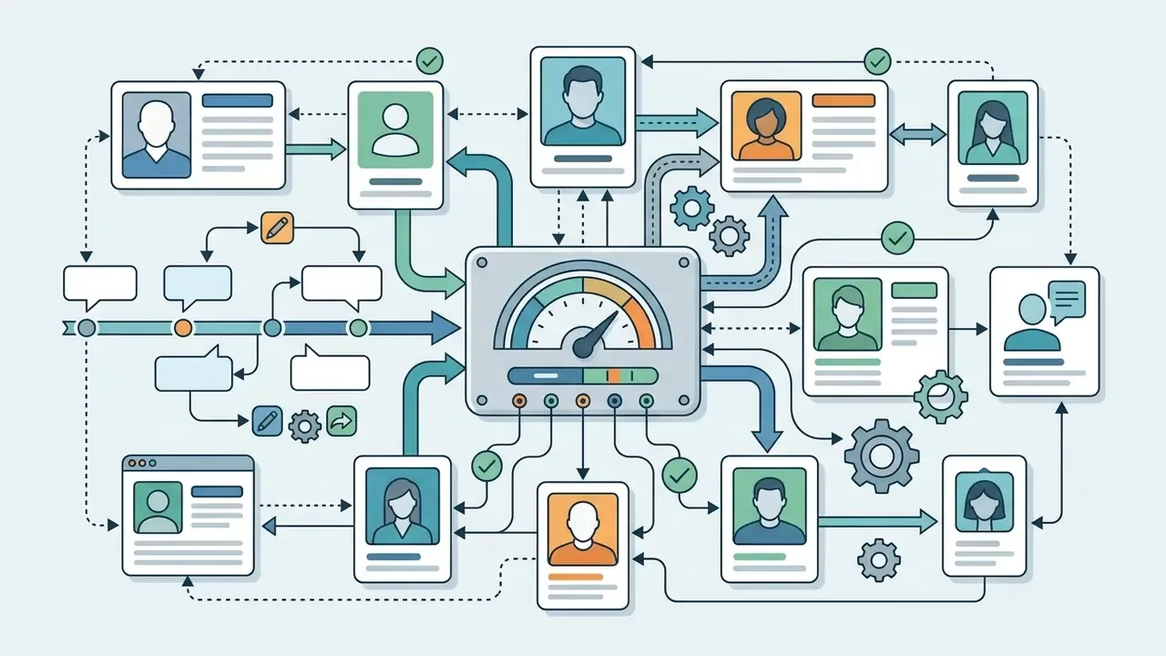 Network of interconnected AI persona profiles linked to a central control gauge for group dialogue management