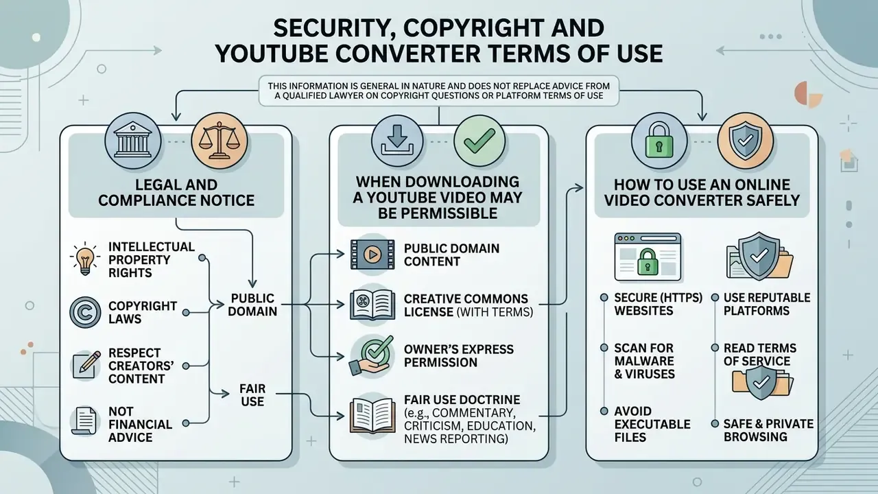 Infographic summarizing legal compliance, permissible download conditions, and safe converter usage