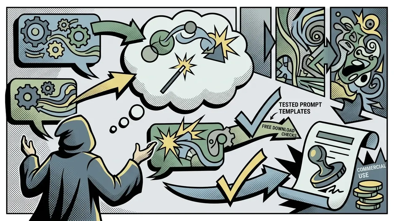 Hooded figure gesturing toward a thought bubble containing a magic wand and abstract gear processes
