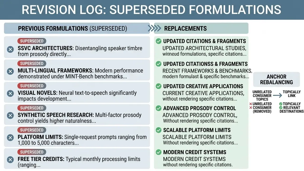 Comparison table listing superseded technical formulations alongside their updated replacement versions