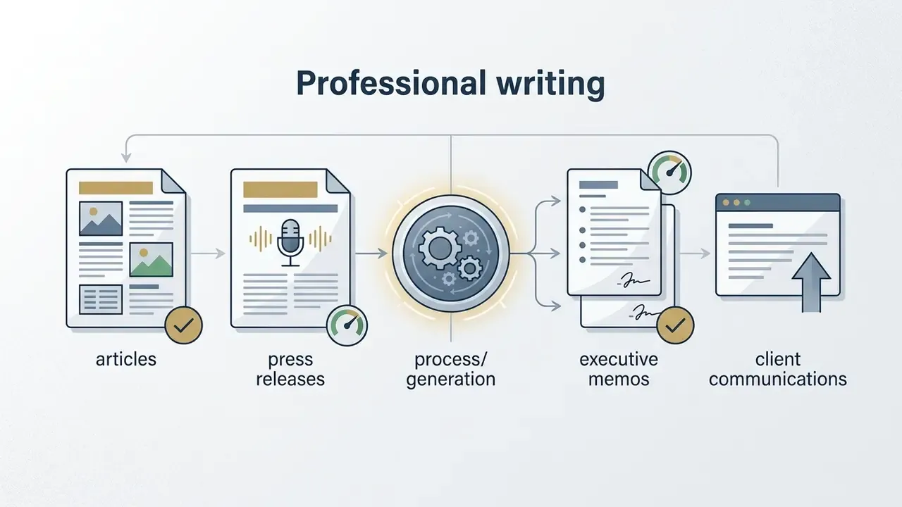 Sequence of document icons representing articles, press releases, memos, and communications being generated