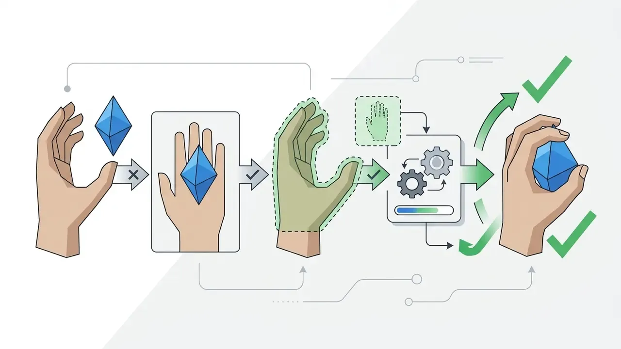 Sequence showing a hand masking process that adjusts grip geometry to hold a blue geometric object
