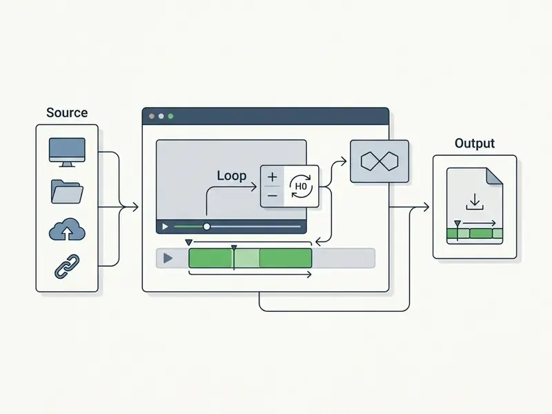 Diagram showing the process to loop a video online from file source to editing and final download