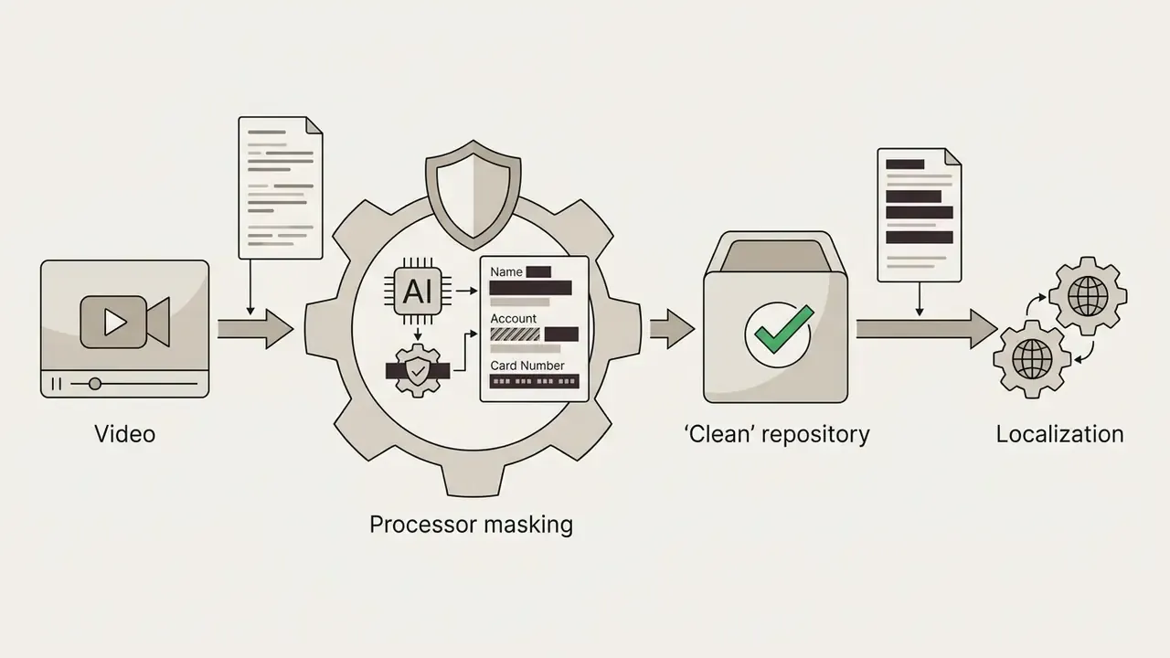 Video data flowing through a gear-based processor that redacts sensitive information before storage