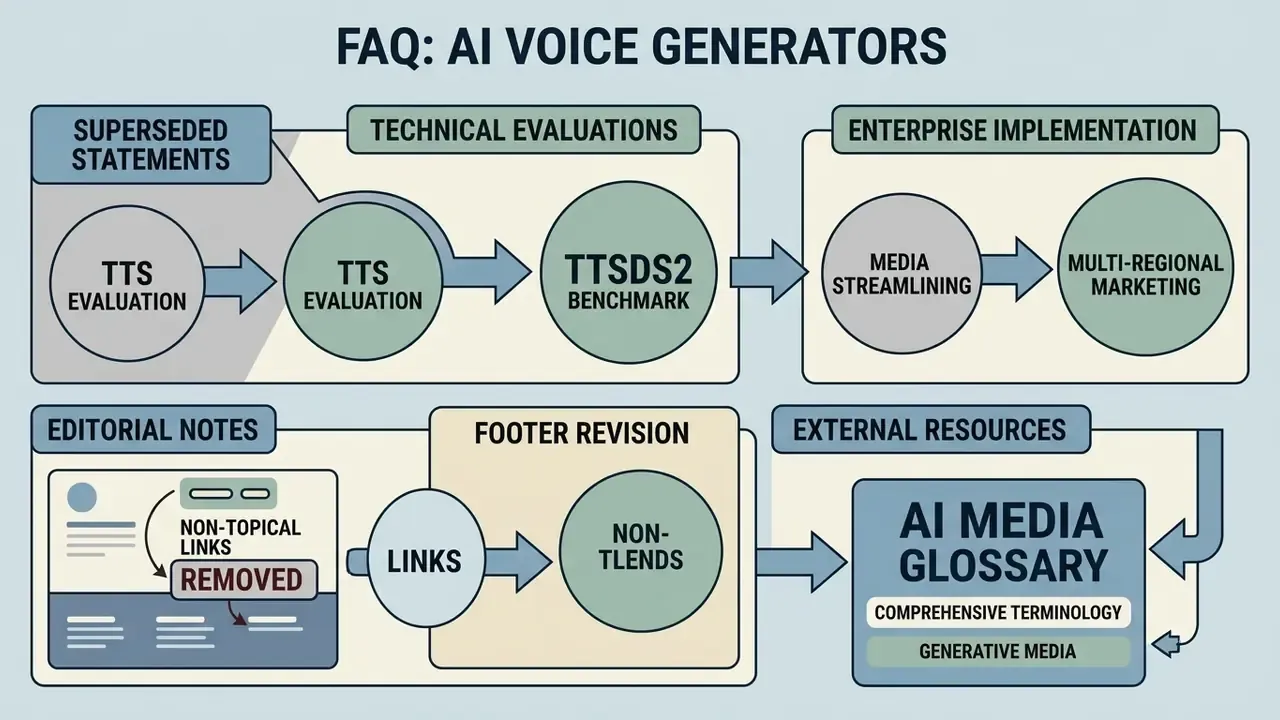 Flowchart connecting technical evaluations and editorial notes to an AI media glossary