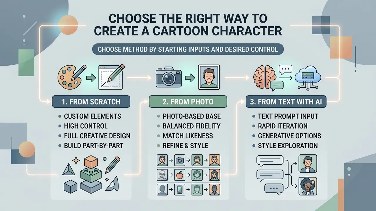 Infographic comparing three methods to create a cartoon character using manual design, photos, or AI prompts