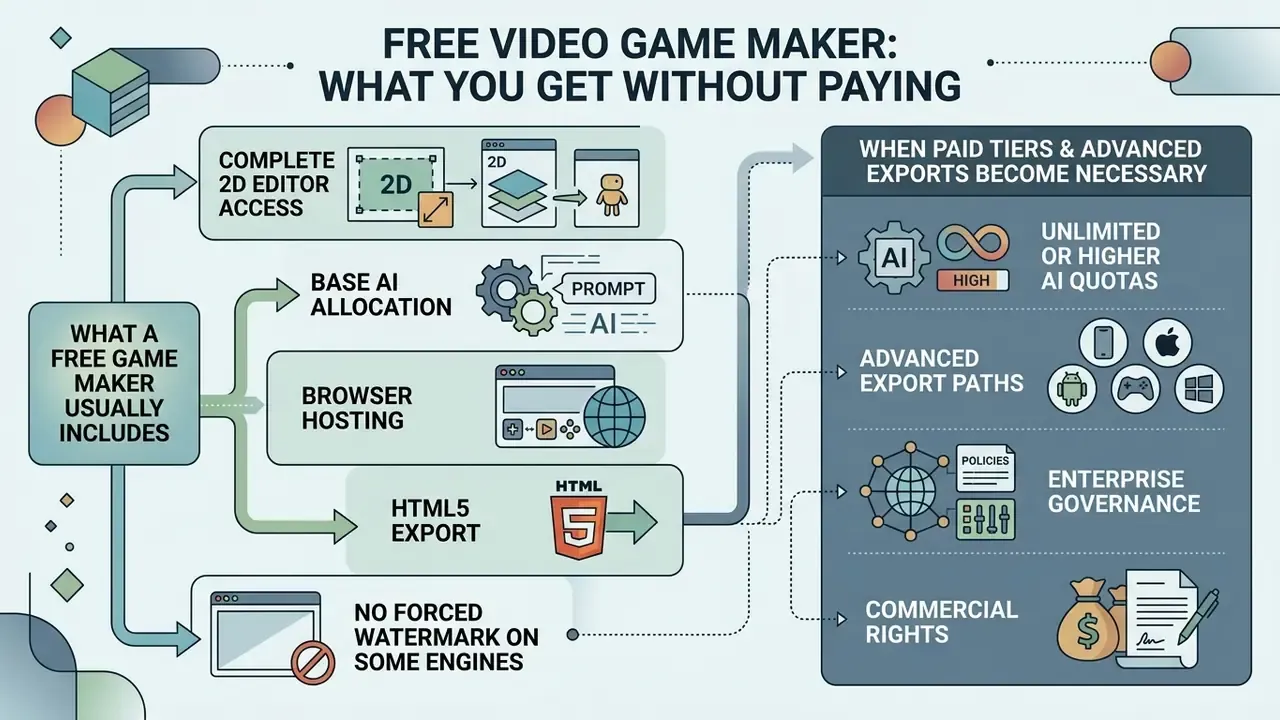 Diagram contrasting free software features with paid tier requirements for game development