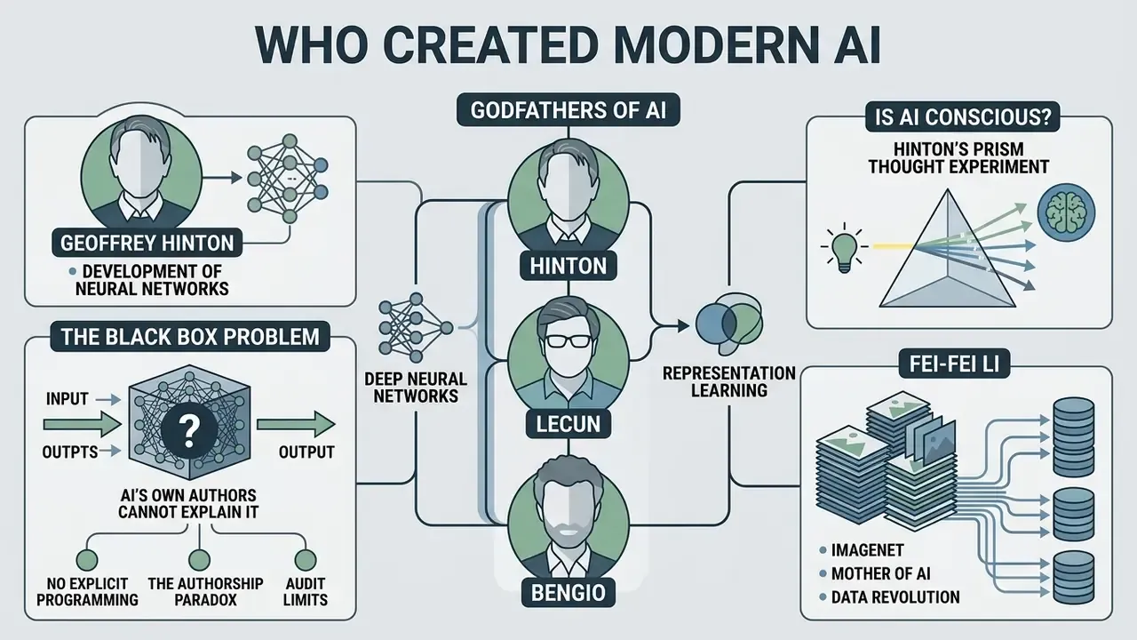 Infographic linking key researchers to neural networks, the black box problem, and representation learning