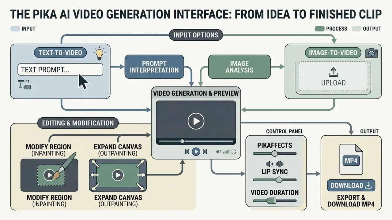 Workflow diagram showing how Pika AI transforms text and image inputs into downloadable video files