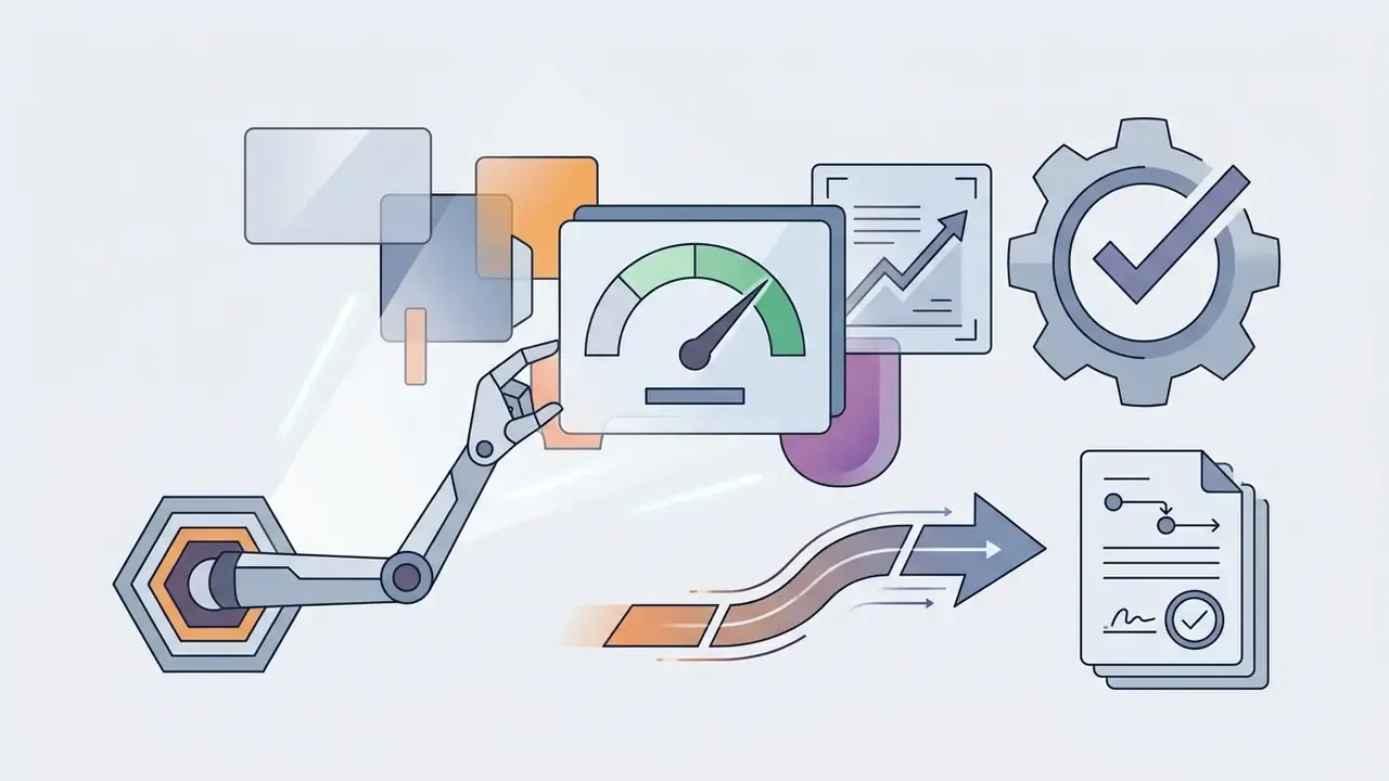 Robotic arm adjusting a gauge icon surrounded by data charts, a gear with a checkmark, and a document