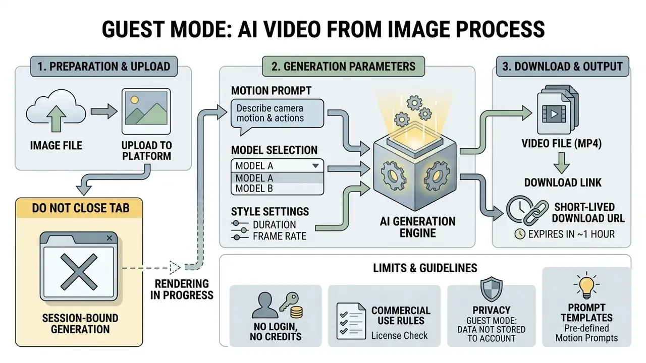 Flowchart outlining the three stages of generating AI video from an image while maintaining an active session