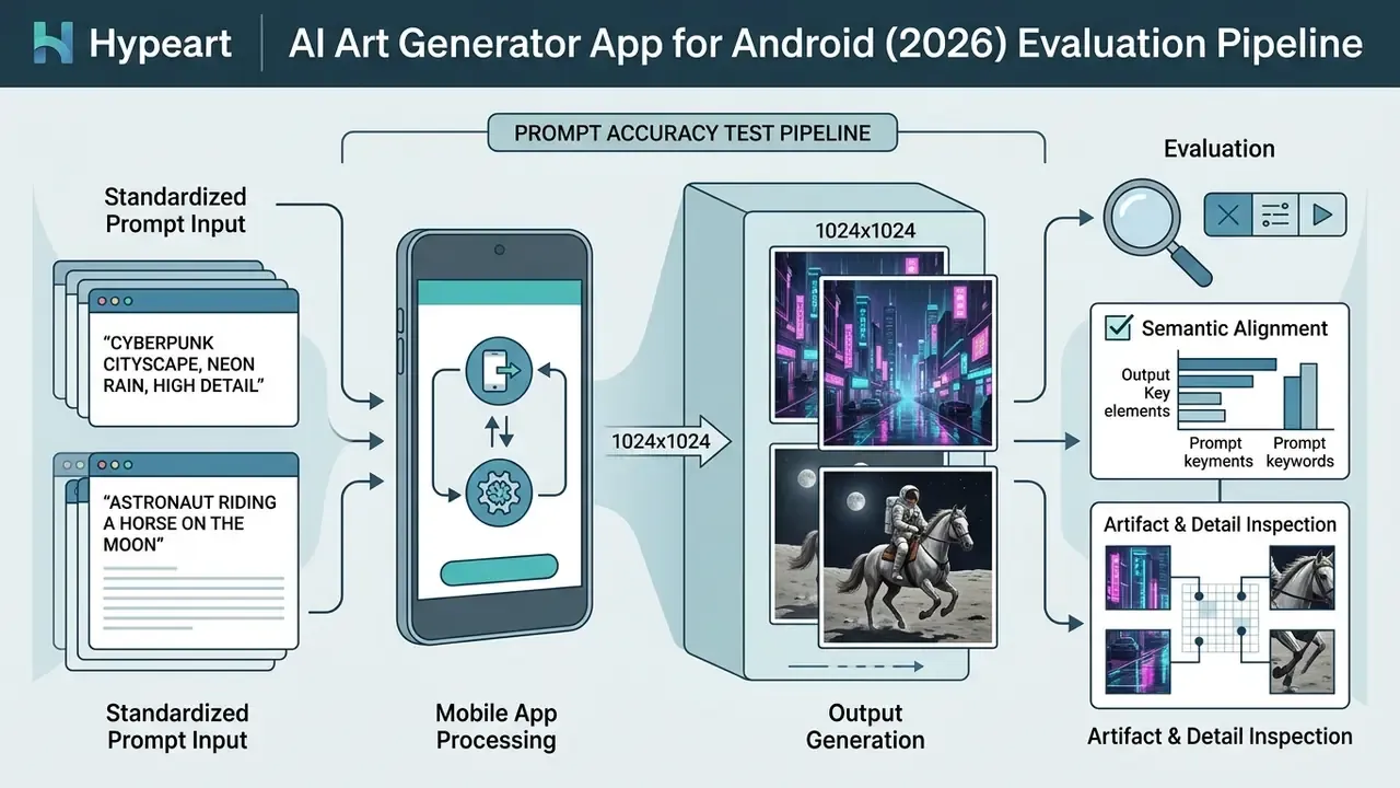 Diagram showing a mobile AI art generator app pipeline from prompt input to output evaluation