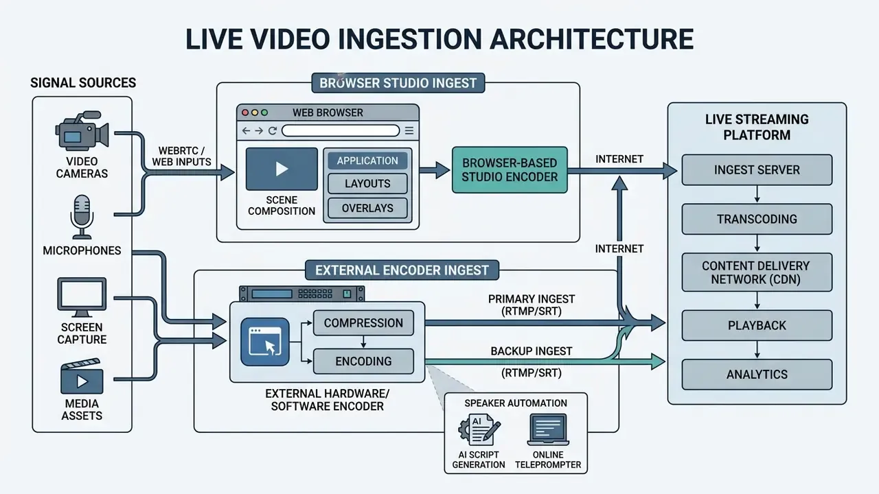 Workflow showing signal sources connecting to a streaming platform via browser or external encoders